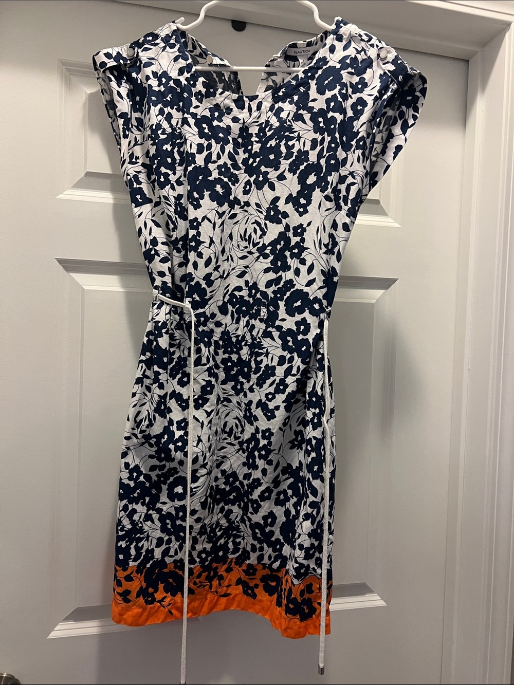 Nautica Navy and White Floral Midi Dress with Orange Hem UVA colors